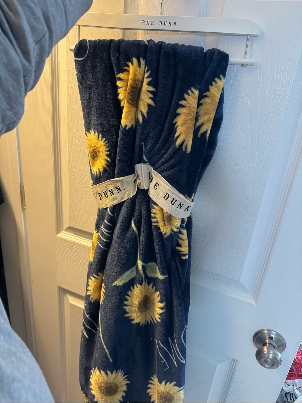 Rae Dunn Navy Throw Blanket with Yellow Sunflower Motif